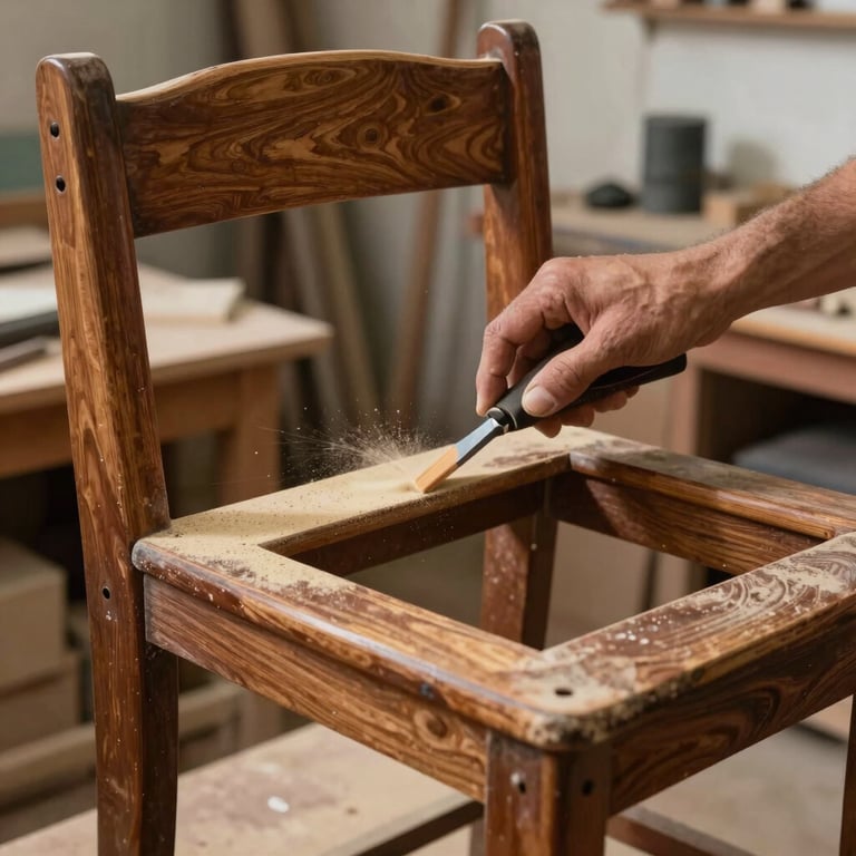 Detailed shot of an artisan sanding a vintage wooden chair frame in a Portuguese workshop.