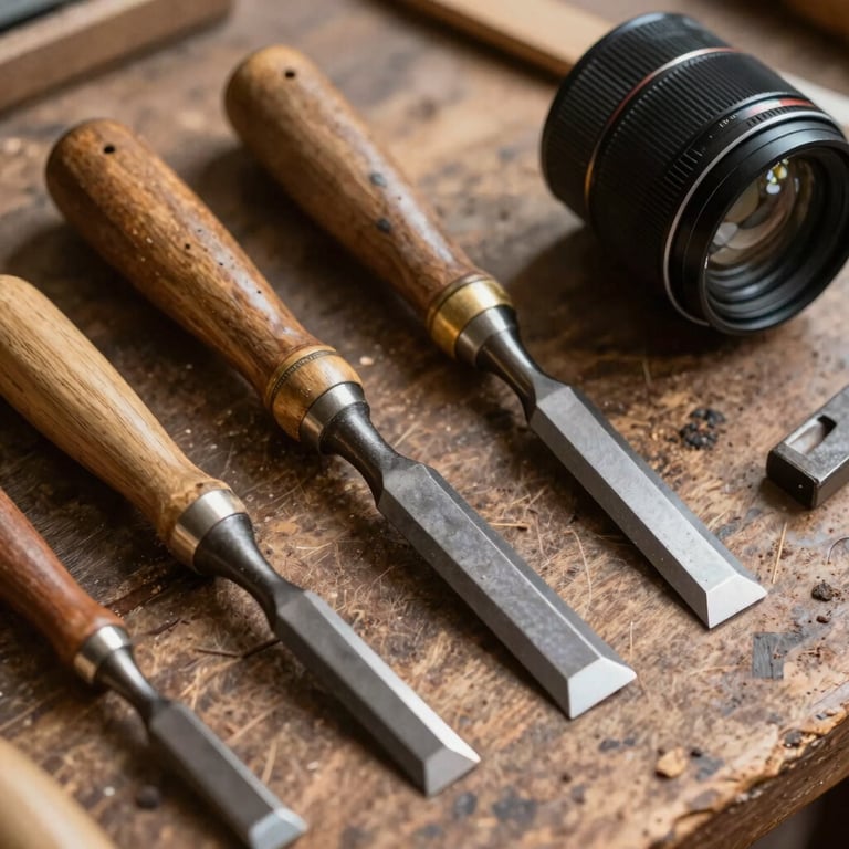 Close-up of traditional woodworking chisels and tools on a rustic workbench.