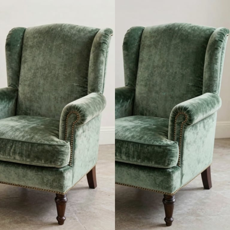 Before and after comparison of a classic velvet armchair restoration in Sage Green.