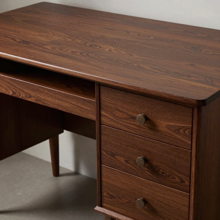 Final result of a restored mid-century modern desk with a flawless dark polish.