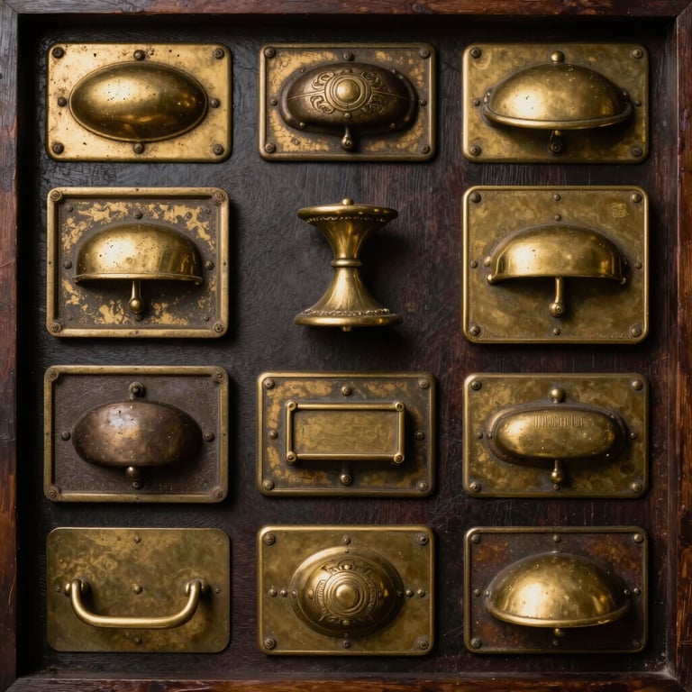 A collection of restored antique drawer handles and brass hardware shining under studio lights.
