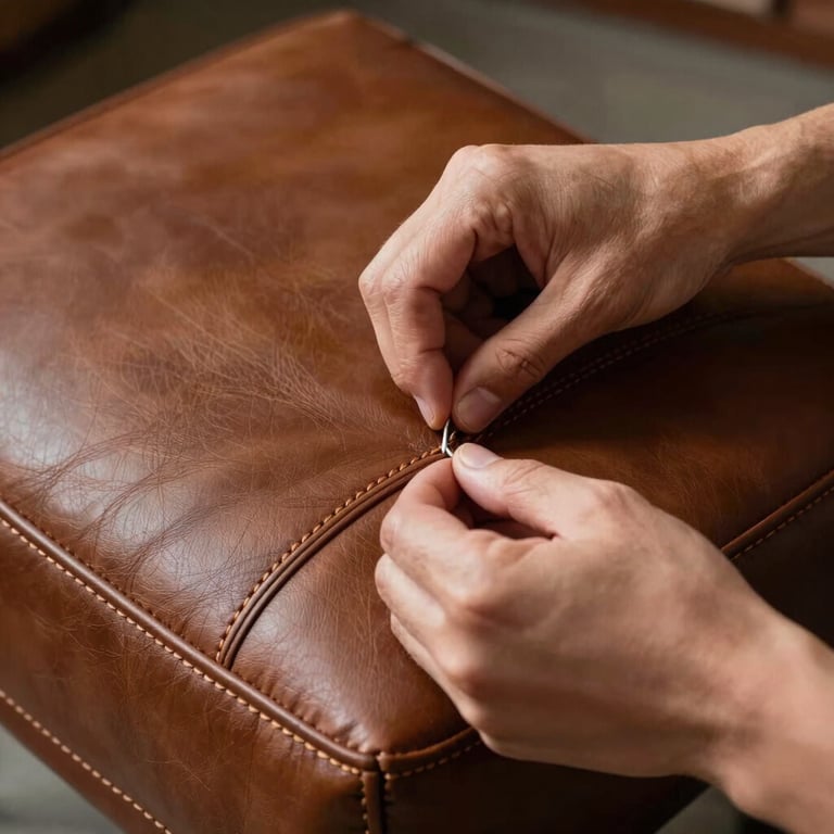 Artisan hand-stitching premium leather upholstery on a classic footstool.