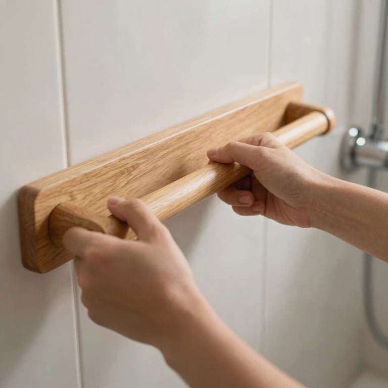 A close-up of hands installing a sturdy wooden safety grab bar in a bright, warm residential bathroom, natural daylight.