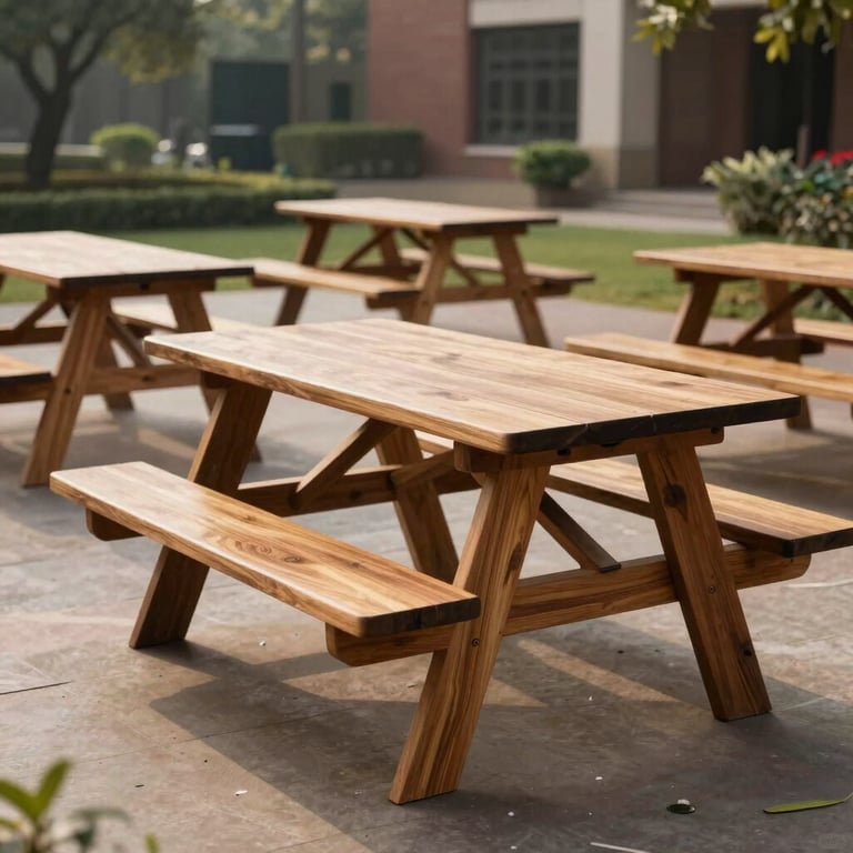 A series of sleek picnic tables made from sustainable materials in a high-end institutional campus garden in New Delhi.