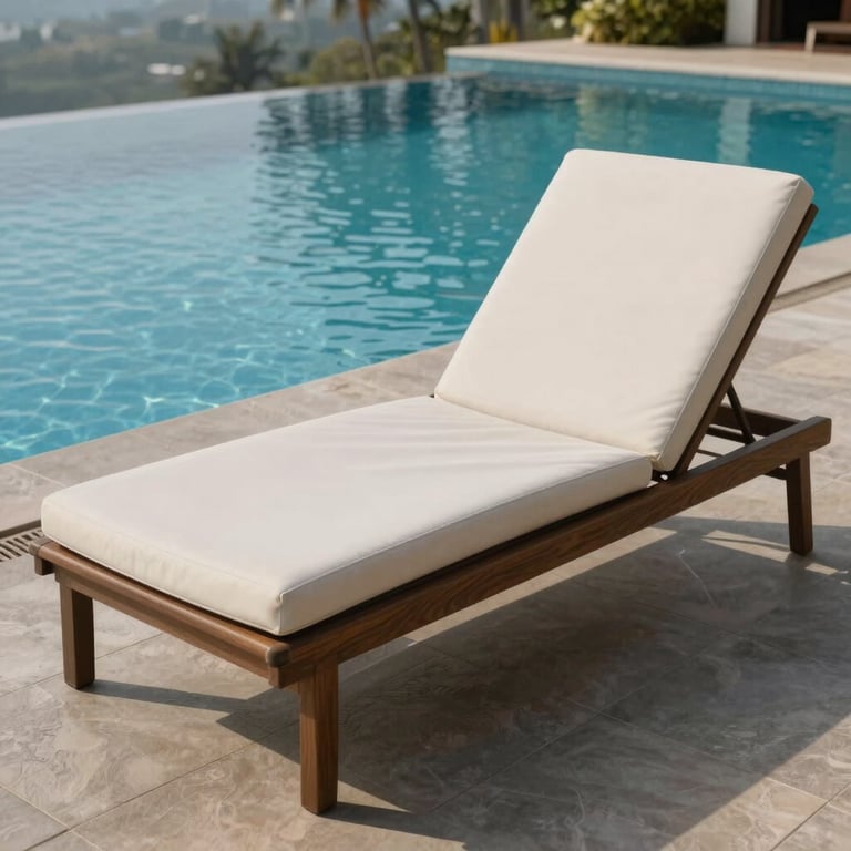 A premium pool lounger in a soft off-white finish, positioned next to a luxury infinity pool at a boutique resort in India.