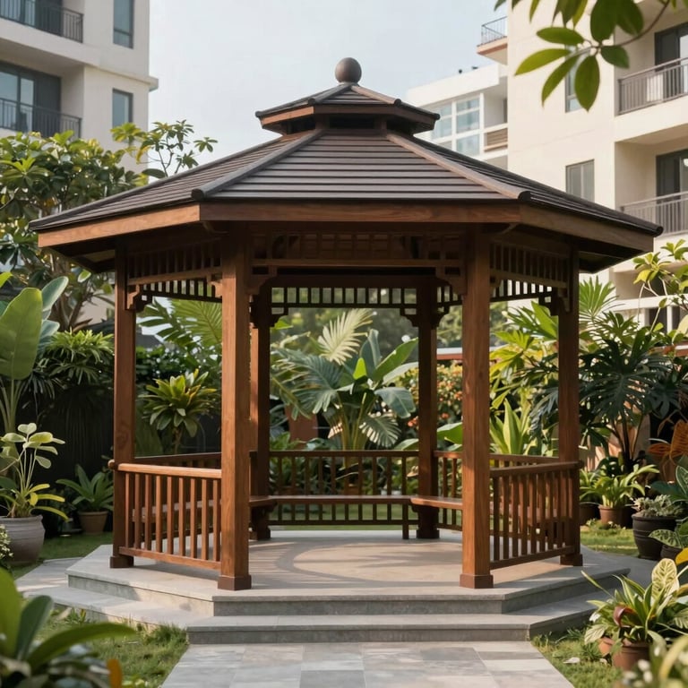A clean-lined gazebo made of sustainable composite materials integrated into a lush residential garden in a South Asian city.