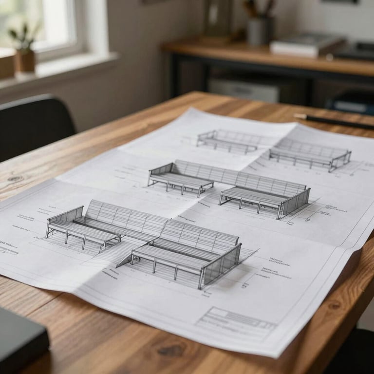 An architectural blueprint of a public seating project spread across a wooden desk in a bright South Asian design studio.