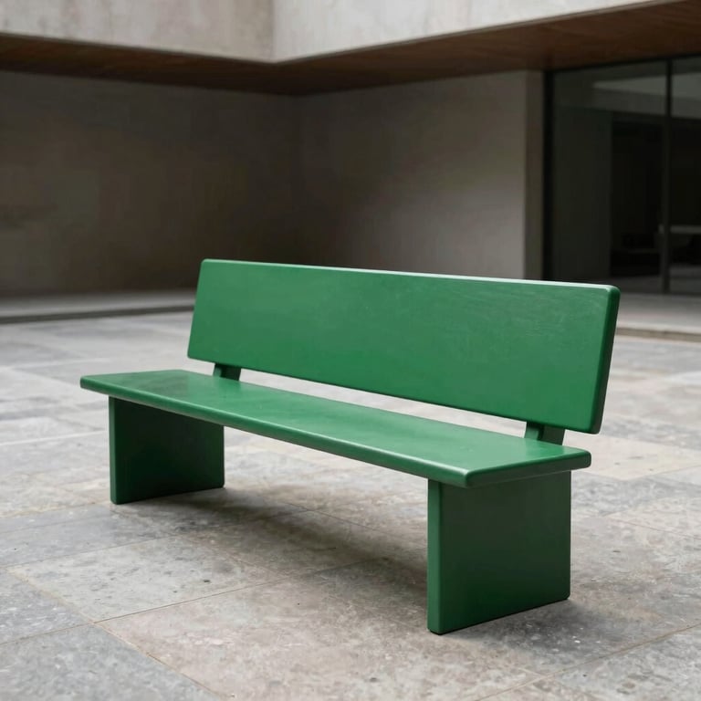 A minimalist forest green bench installed in the courtyard of a modern Indian museum, surrounded by clean stone paving.