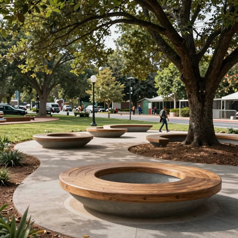 A wide shot of a community park renovation featuring modern, sustainable public seating under the shade of indigenous trees.