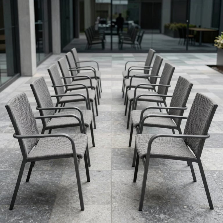 Symmetrical row of modern outdoor chairs in a corporate break-out area, emphasizing clean lines and architectural spacing.