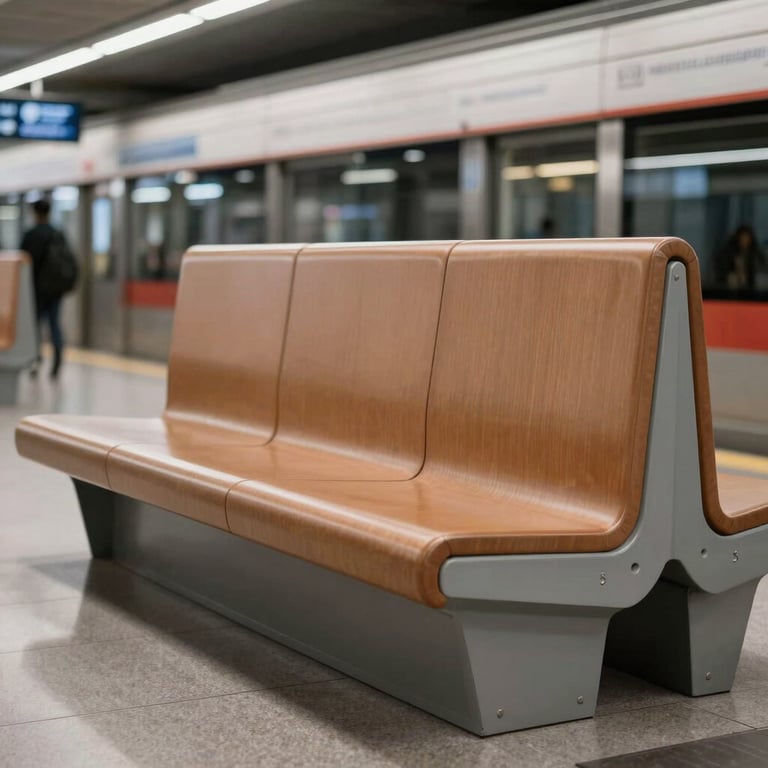 Detailed view of a custom modular seating installation in a bustling public transit hub, showcasing sturdy and professional construction.