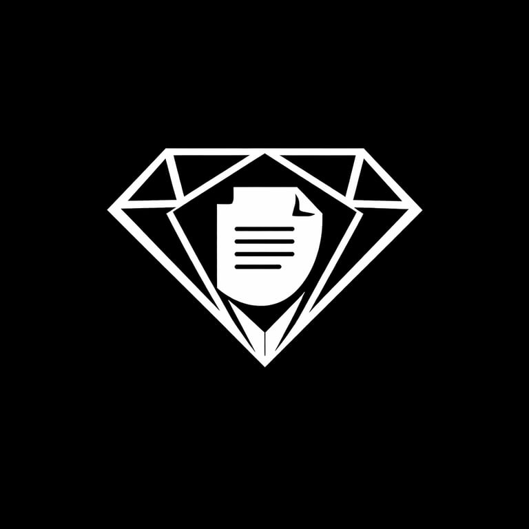 White diamond outline logo featuring a document icon for secure data and premium content management.