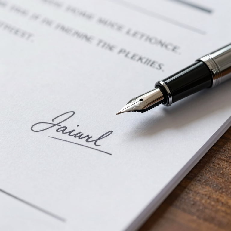 Tight macro-level detail of a signed corporate document on heavy cotton paper, a classic black fountain pen resting on the margin, sharp directional office lighting.