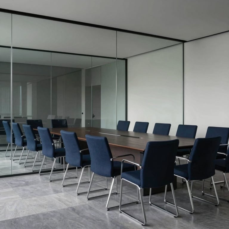 Modern minimalist interior of a conference room with deep navy blue chairs and glass walls.