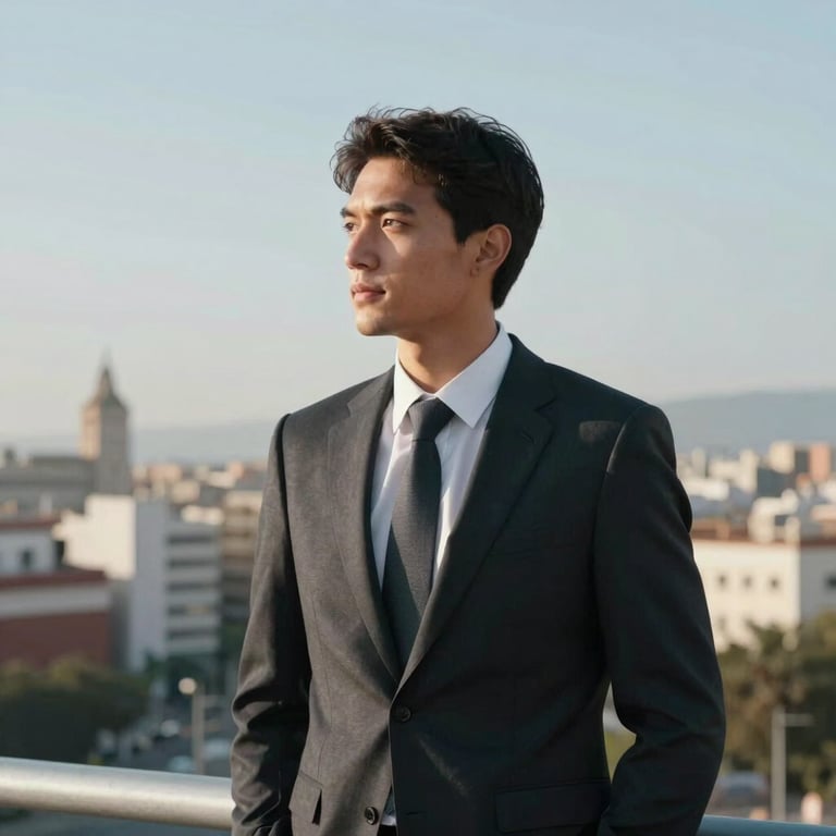 A confident professional in business attire looking towards the horizon in a Spanish-speaking metropolis.