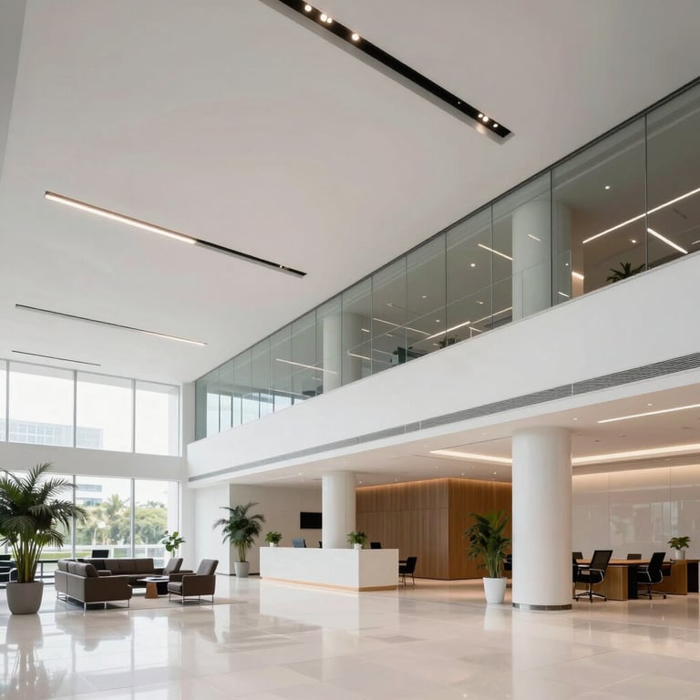 A bright, modern office lobby in a Latin American financial center with clean lines and soft white lighting.