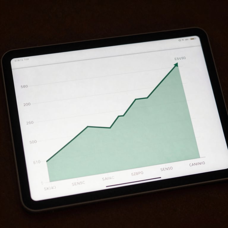 A tablet on a desk displaying clean, ascending financial growth charts with sage green color accents.