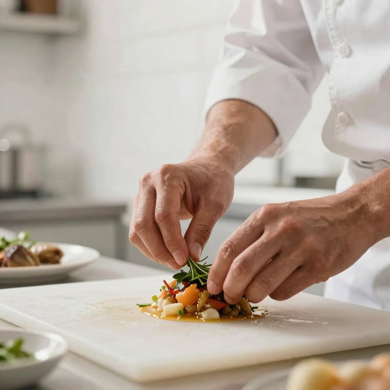 Close-up of a chef's hands preparing an artisanal dish in a bright, modern Western / European-influenced kitchen with Crisp Parchment walls.