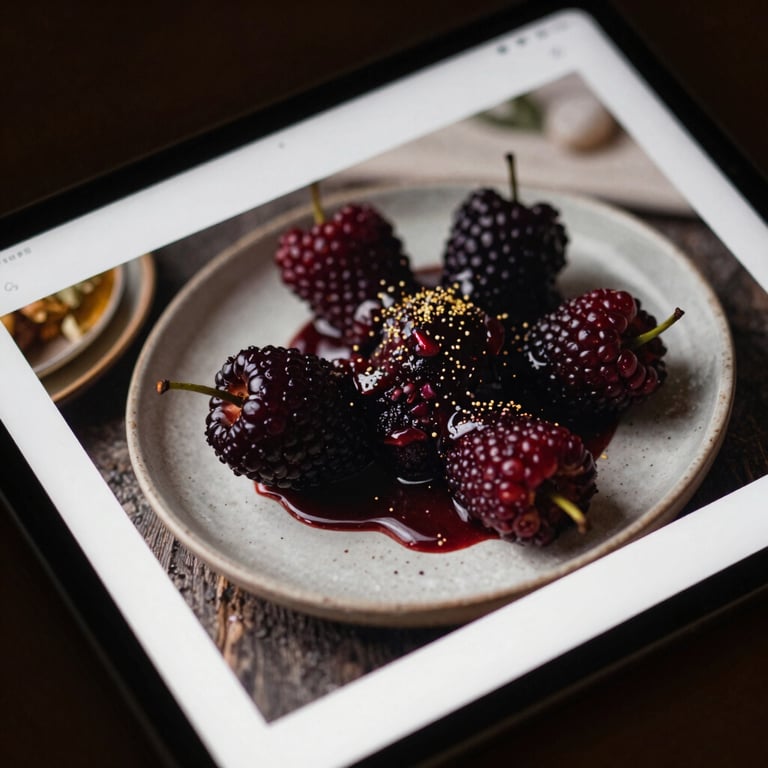 A social media feed on a tablet showing beautiful, high-contrast food photography with Deep Ripe Crimson accents.