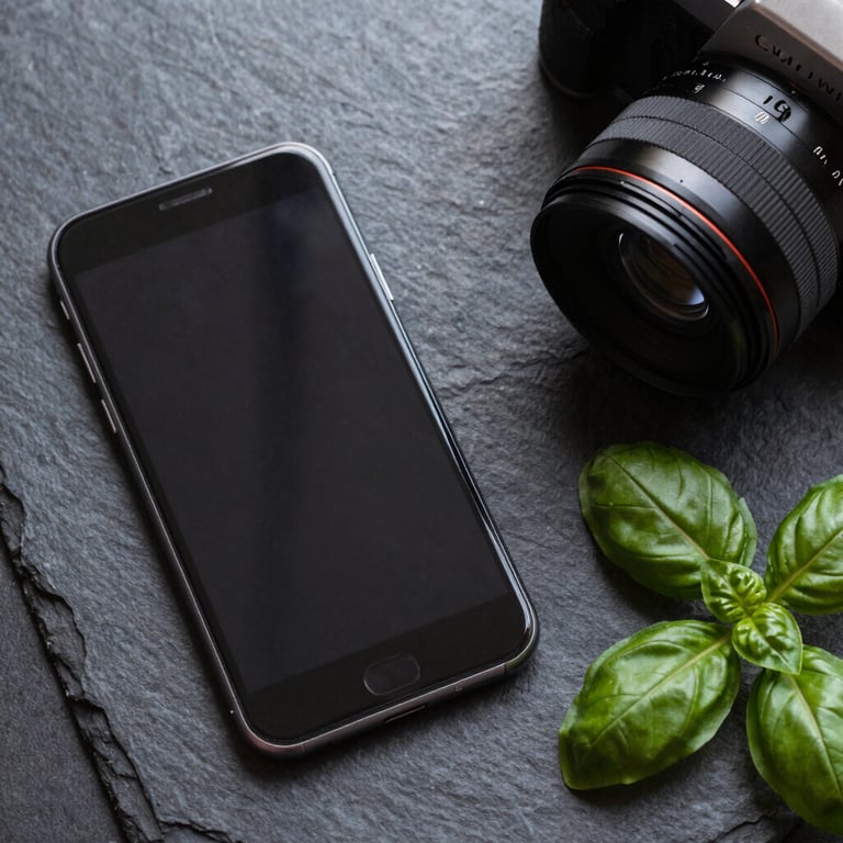 A flat lay of social media tools: a smartphone, a camera lens, and a sprig of fresh basil on a dark slate surface.