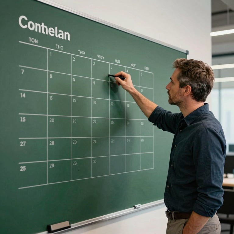 A professional strategist in a Western / European-influenced office environment, planning a content calendar on a large Matte Forest Green board.
