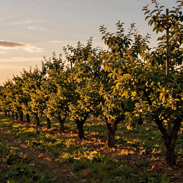 A scenic Western / European-influenced orchard at dusk, with warm golden light hitting the trees.