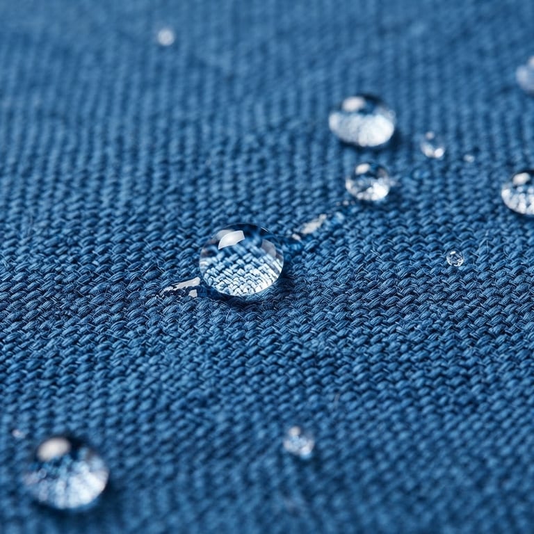 Close-up of water droplets rolling off a high-tech blue repellent fabric, sharp focus on textile weave, bright studio lighting, professional corporate style.