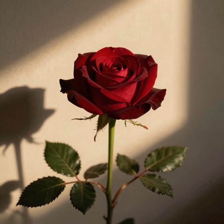 A single dark red rose blooming in low light, soft golden hour shadows, elegant and mysterious atmosphere
