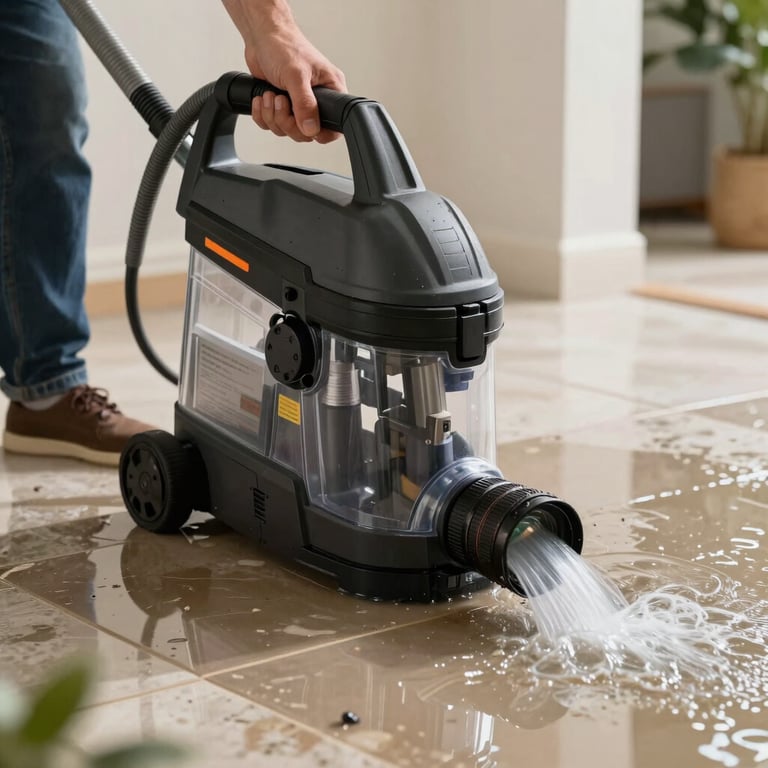 A heavy-duty water extractor removing water from a flooded tile floor in a North American / Miami, Florida home.