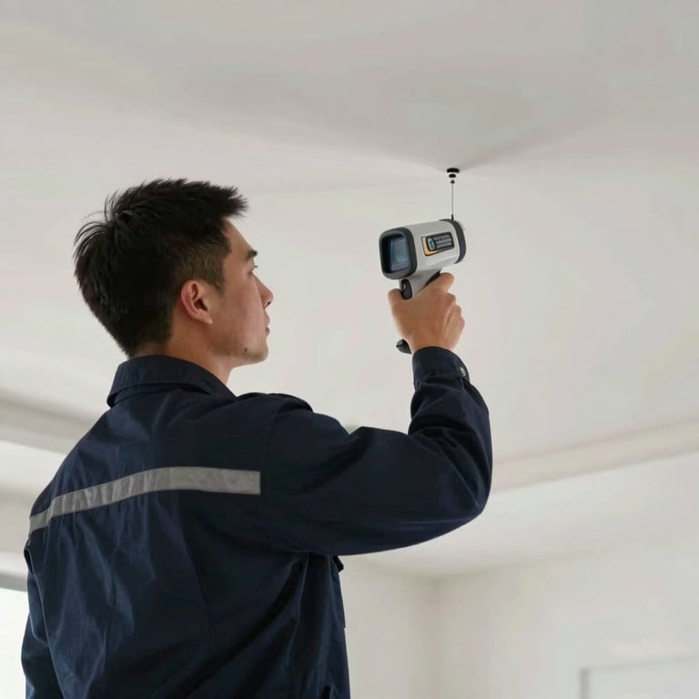 A technician in a dark blue uniform inspecting a ceiling with an infrared camera to find water leaks.