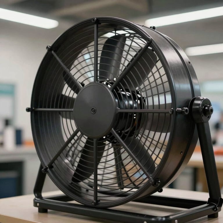 Close-up of a high-velocity air mover fan drying out a commercial space, modern lighting, professional feel.