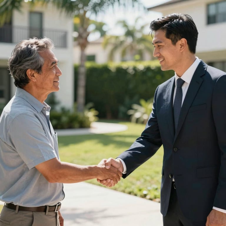 A professional team member shaking hands with a relieved property owner in a sunny Miami courtyard.
