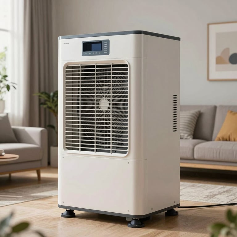 A large industrial dehumidifier positioned in a modern living room to remove humidity after a storm.
