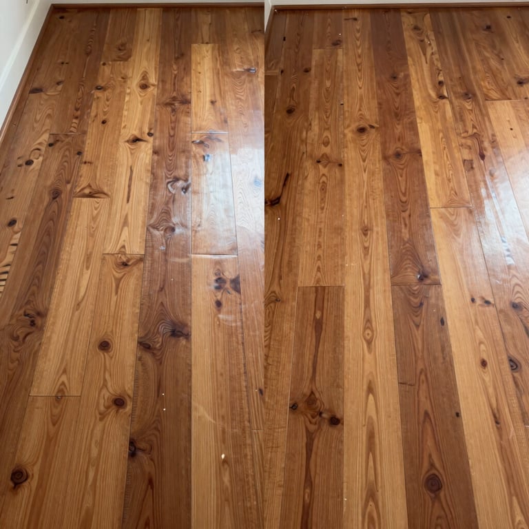 Before and after comparison of a water-damaged hardwood floor being fully restored to its original shine.