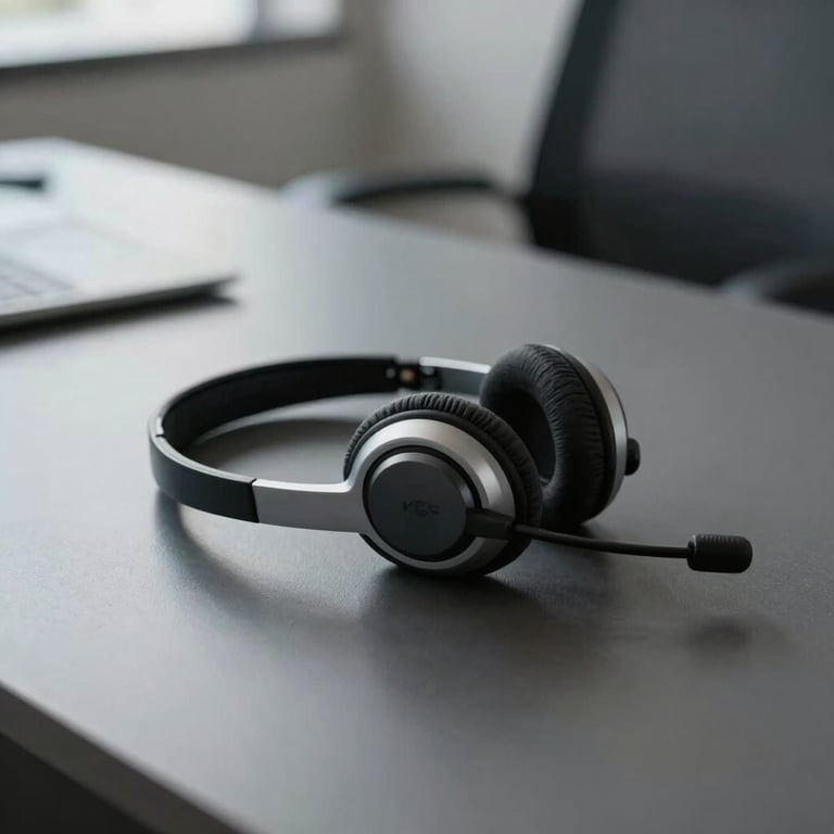 A close-up of a professional modern headset resting on a dark gray minimalist desk in a Brazilian office.