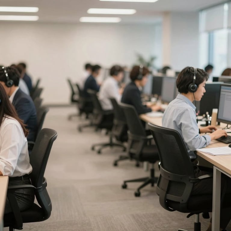 A blurred, artistic shot of an organized call center floor with soft lighting and professional office furniture.