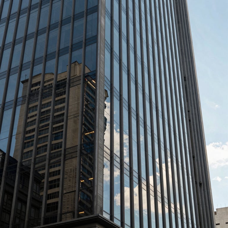 The glass facade of a modern corporate building in Brazil reflecting a clear, bright sky.