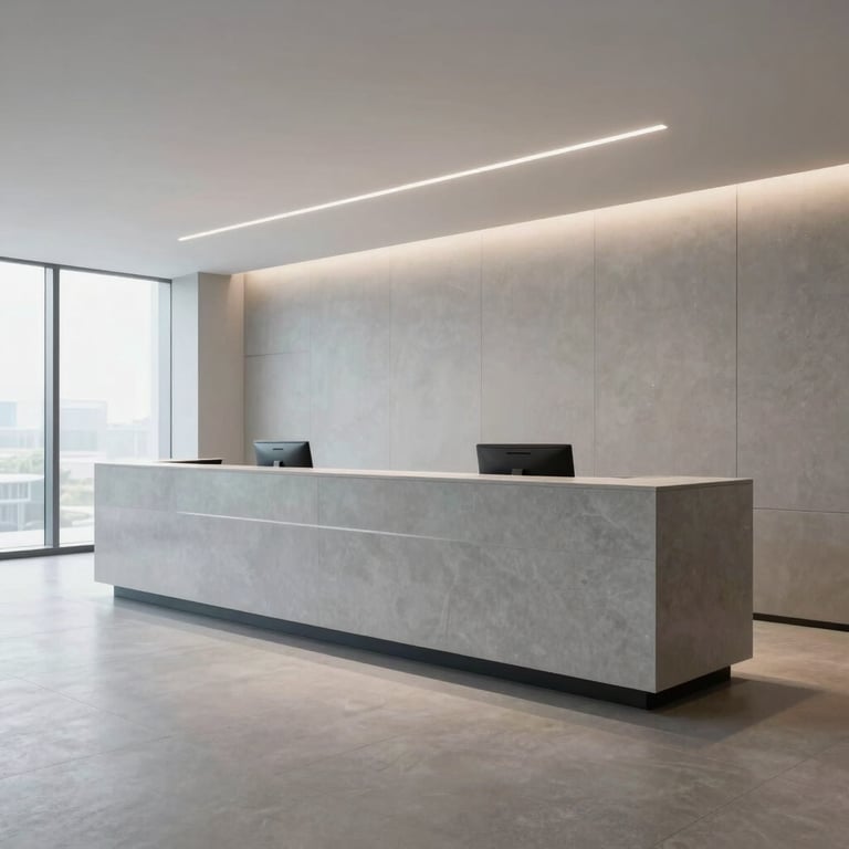 A wide shot of a sleek, empty corporate reception area in light gray with professional lighting.
