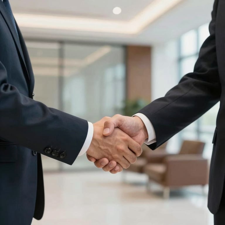 A professional gesture of a handshake between two businessmen in a clean, sophisticated corporate lobby.