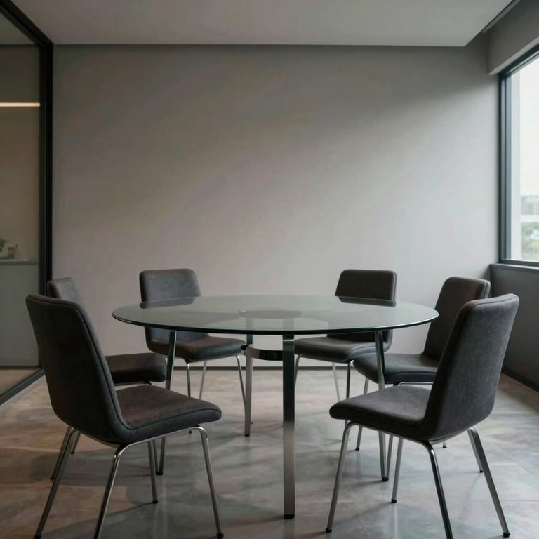 A minimalist meeting room with dark gray chairs and a glass table in a modern building in Brazil.