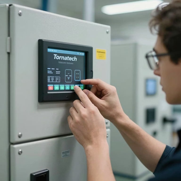 A technician's hand adjusting a Tornatech control panel interface in a brightly lit industrial setting.