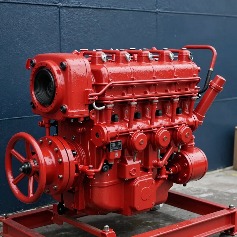 A detailed shot of a diesel engine fire pump unit, painted in vibrant industrial red, set against a dark slate blue background wall.