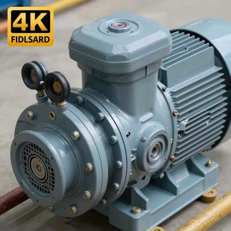 Close-up of a high-pressure electric motor fire pump showing the mechanical couplings and pipes in soft grey-blue.