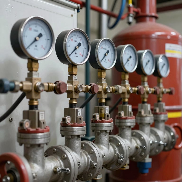 A row of pressure gauges and valves on a fire pump manifold, showing precise monitoring and control in a professional facility.