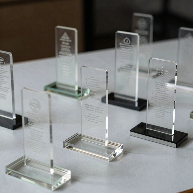 A collection of custom-designed acrylic trophies with precise laser engravings on a light gray surface.