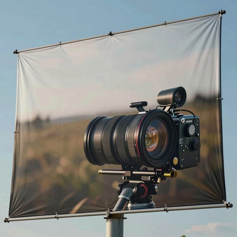 A large-scale outdoor banner printed on high-quality frontlight canvas, displayed against a clear blue sky.