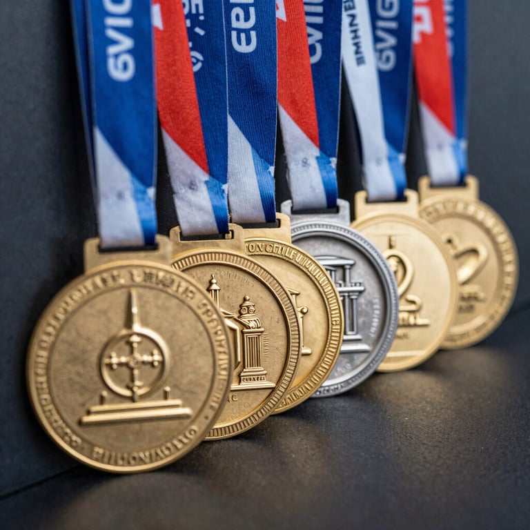A row of shiny, custom-designed metallic medals for a corporate event, reflecting studio lighting.
