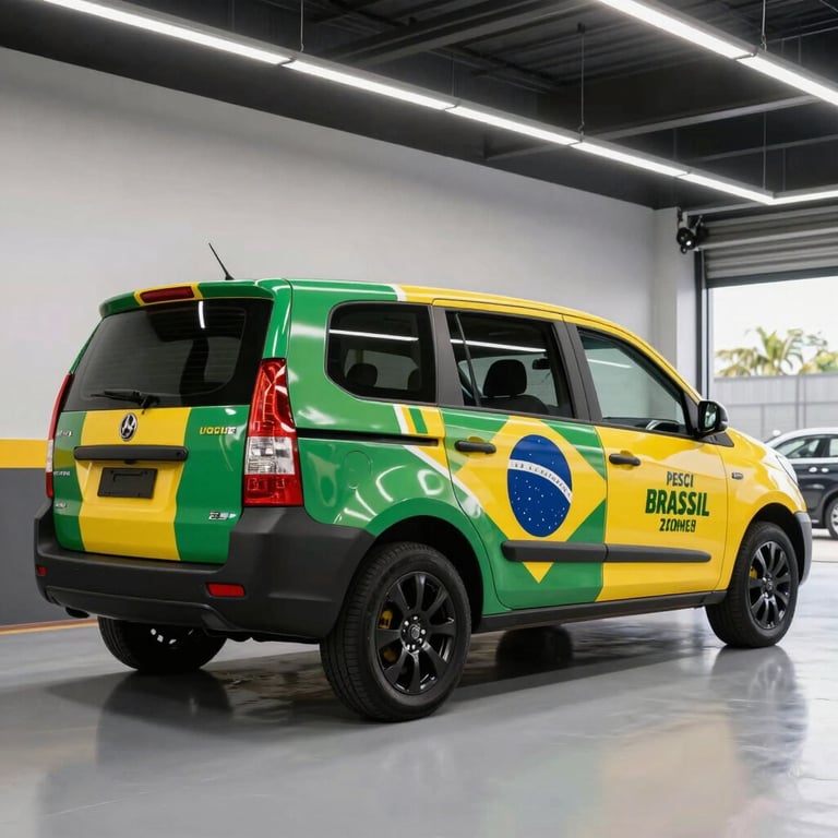 A vehicle being professionally wrapped with custom graphics in a bright, modern Brazilian installation bay.
