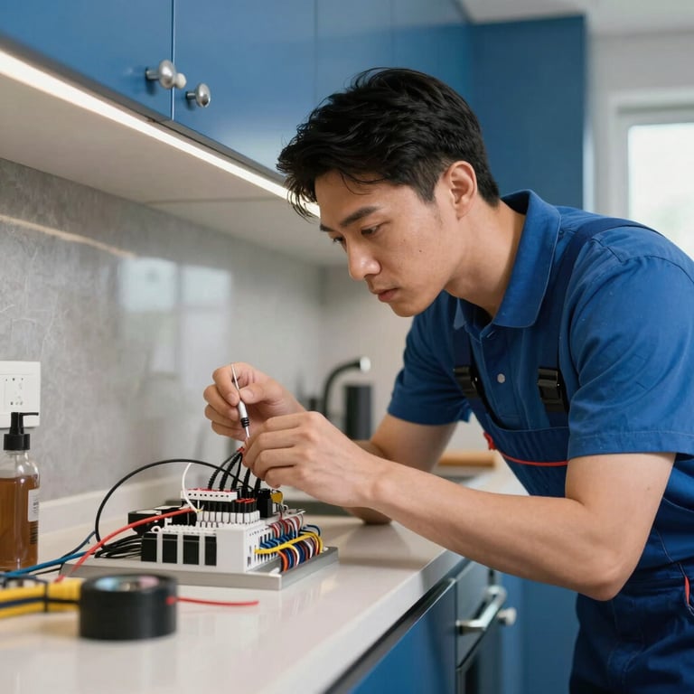 A focused electrician testing a circuit in a modern North American / US kitchen with slate blue accents.