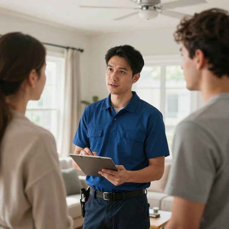 A service technician consulting with a homeowner in a bright North American / US living room setting.